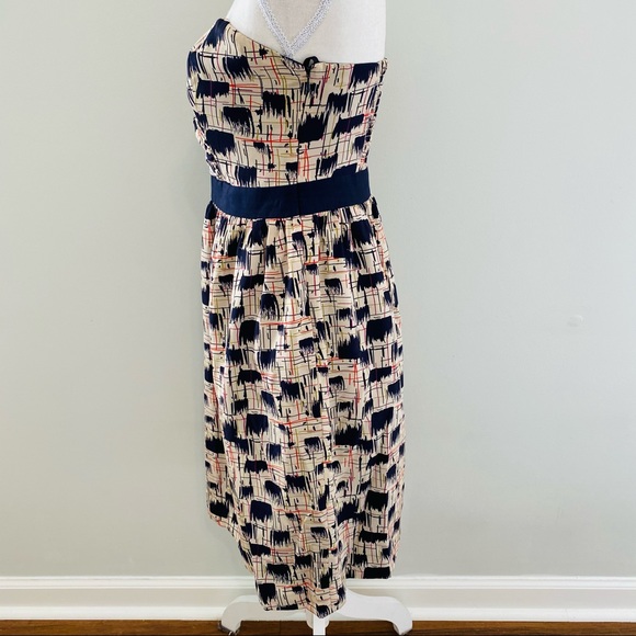 Anthropologie Burlapp Navy Tan Print Strapless 100% Silk Dress Size 4 - Picture 4 of 11